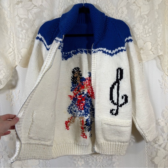 Vintage 70s Cowichan Blue and White Zip-Up Cardigan Music Dancer Size Medium - Picture 8 of 9